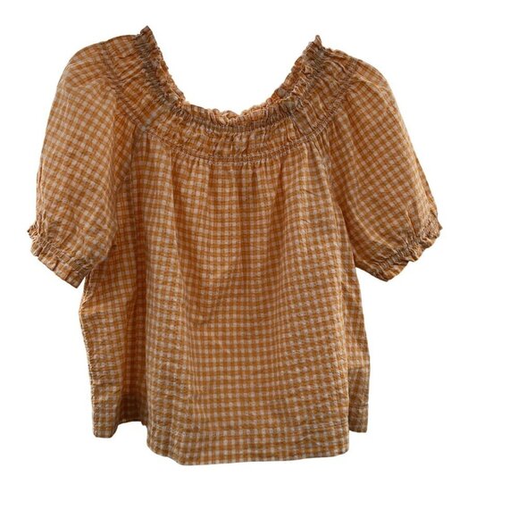 Free Assembly Short Sleeve Orange/White Checkered Top Women's Size Small - Picture 1 of 9